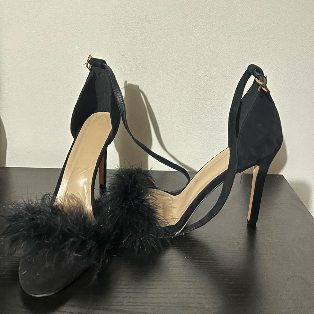 Black Strappy Heels With Feather Detail